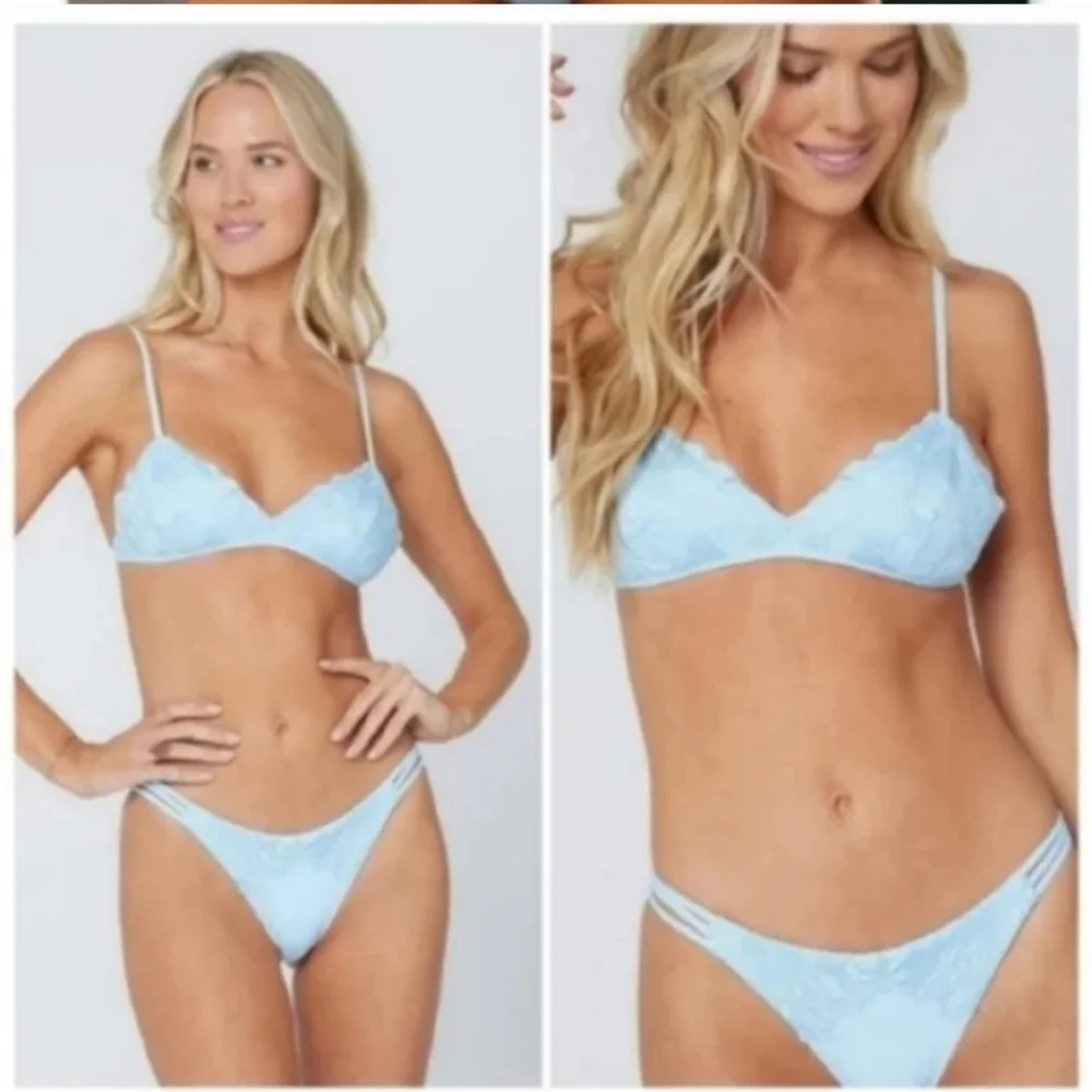 L*Space Jean Top Claude Bottoms Bikini Blue Full Set Satin